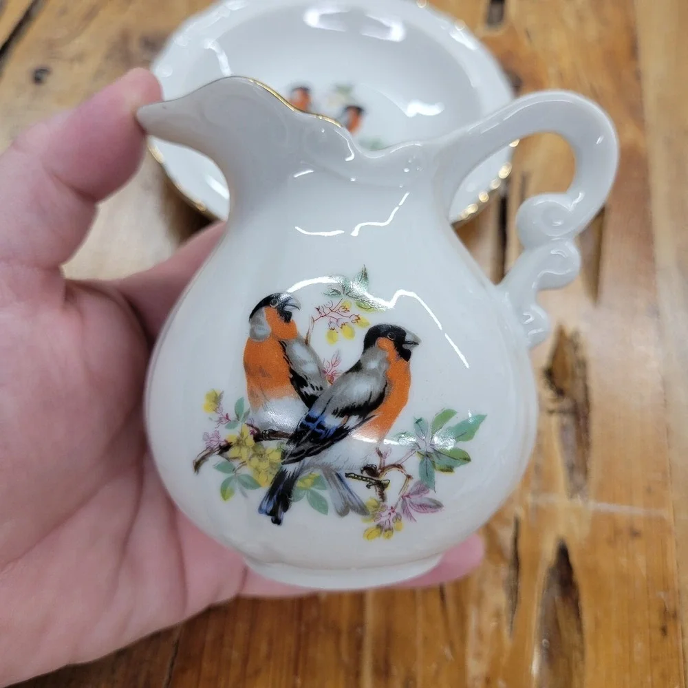 Vintage Porcelain Small Pitcher Jug & Basin Dish‎ Set Birds Orioles Gold Trim